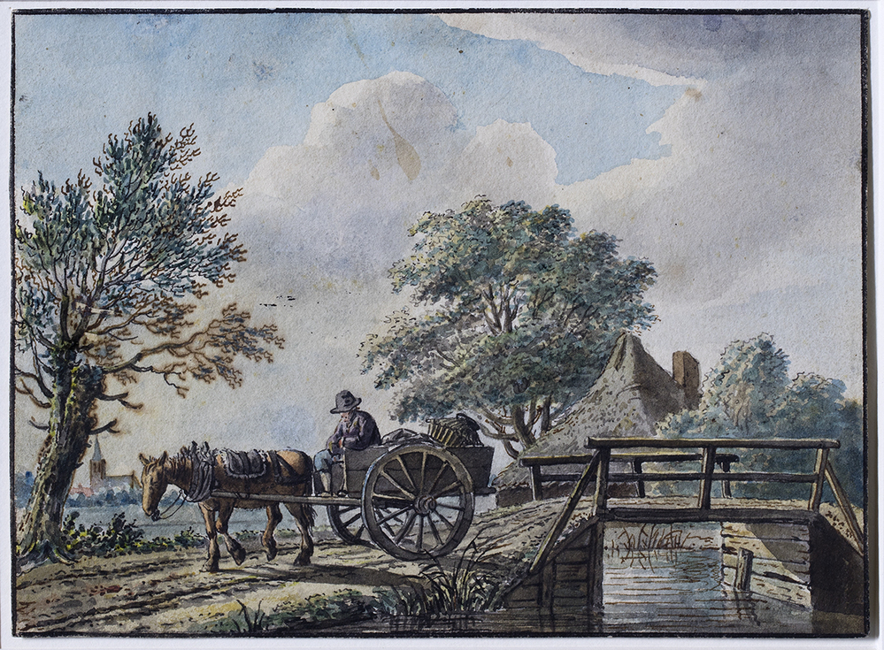 Man met paard en wagen bij brug